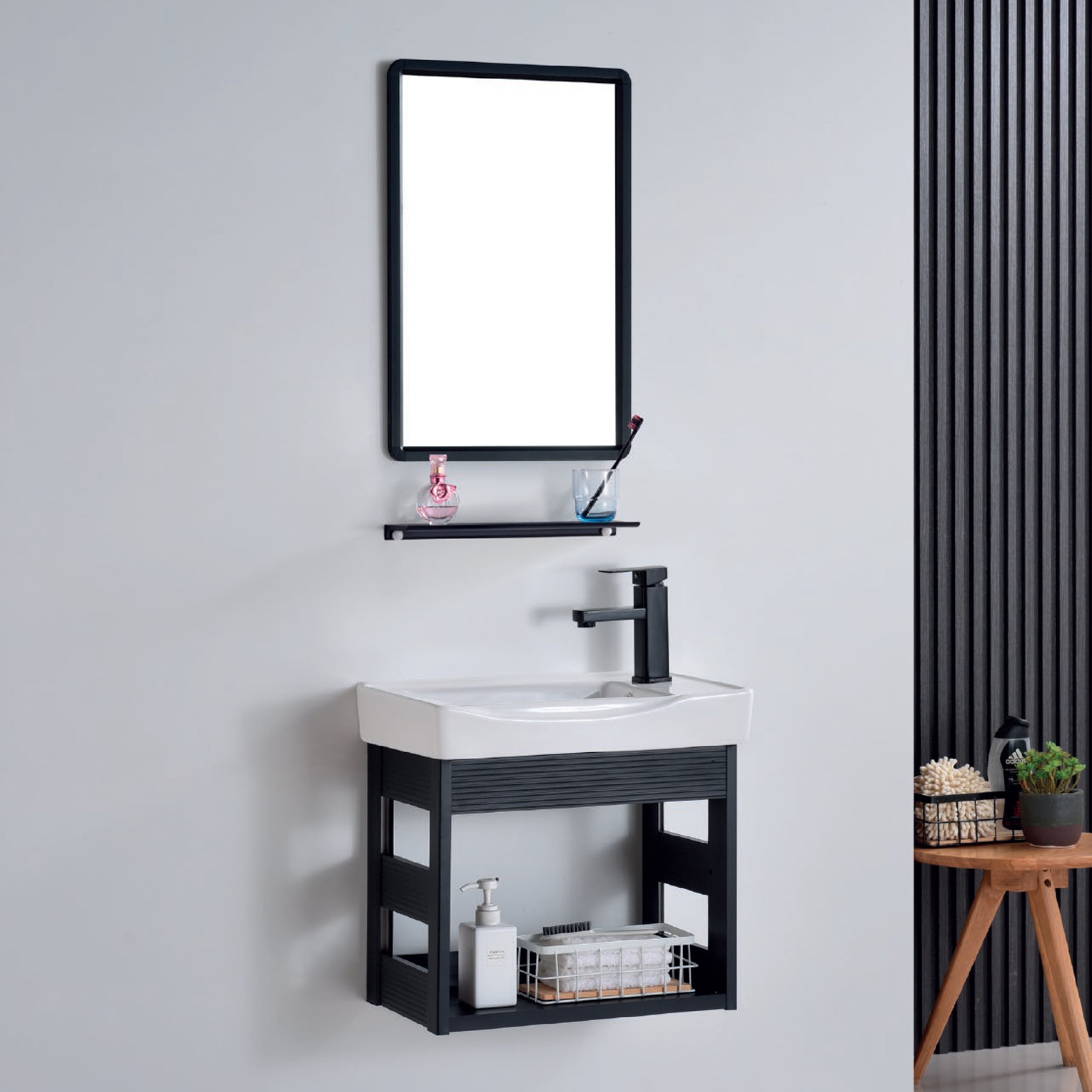 VANITORIO DE ALUMINIO C/REPISA + ESPEJO CUADRADO PS14-5030 NEGRO ECO 50X30CM - FRATELLI